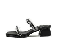 Women's Sandals,Rhinestone Strappy Sandals for Women,Heel Chunky Womens Sandals Comfortable,Two Straps Dress Sandals for Women Summer Slip On Sandals Women, Black, 5.5 UK