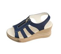 Women's Sandals, Sandals, Platform Sandal, Platform Sandal, Sandal | Plus Size Leather, Mid Heel, Open Toe, Strap Back, Zip, Roman Strappy Shoes, Braided Sole, Summer Beach City, 01 Blue, 9.5 UK