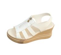 Women's Sandals, Sandals, Platform Sandal, Platform Sandal, Sandal | Plus Size Leather, Mid Heel, Open Toe, Strap Back, Zip, Roman Strappy Shoes, Braided Sole, Summer Beach City, 01 White, 9 UK