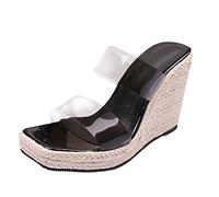 Women's Sandals & Slides 2026 Summer Transparent Wedges Flip Flops Straw Woven Shoes Large Size High Heels Casual Elegant Comfort Black Women's Sandals, black, 5 UK