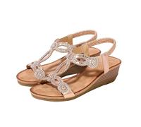 Women's Sandals & Slides Rhinestone Casual Sandal Summer Comfortable Sparkling Bohemian Beach Beaded Outdoor Wedding Open Toe Shoes (Beige, 3.5)