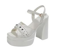 Women'S Sandals Slides Women's Rhinestone Sequined Chunky Platform Shoes With Square Toe Strap And Slip Design For Outdoor Wear each Flip Flops Pool Slides (White, 6.5)