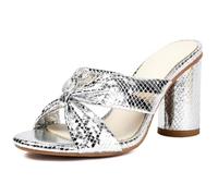 Women's Sandals Statement Metallic Block Heel Bow Open Toe Mule Heels Sexy Party Slides for Night Events & Dinner Occasions,Silver,10 UK