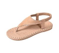 Women's Sandals Summer Comfortable Barefoot Flip-Flops Crossed Wide Strap Back Open Toe Plain Sole Flat Sole Braided Rope Look Beach Casual Holiday Summer, 01 Khaki, 4 UK