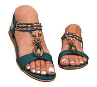 Women's Sandals Summer Comfortable Sandals Women Sandals for Women with Elastic Ankle Strap Casual Boho Beach Shoes Fashionable Crystal Flower Sandals Open Toe Sandals Women's Flat, Dark green, 5.5 UK