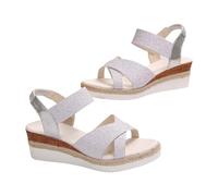 Women's Sandals Summer Modern Flat Sandals Women's Platform Beach Shoes Sandals with Leather Outsole Fashion Peep Toe Roman Sandals with Cross Strap Non-Slip Soft Sole Knitted Sandals, silver, 6 UK