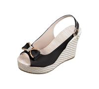 Womens Sandals Summer Orthopedic Wedge Heels Open Toe Denim Sandal with Adjustable Buckle Strap Ladies Wide Fit Arch Support Slingback Platform Heeled Sliders Roman Walking Shoes (Black #1, 4.5)
