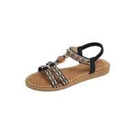 Womens Sandals Summer Orthopedic Wide Fit T Strap Beaded Bohemian Flat Roman Beach Sandal with Ankle Strap Ladies Dressy Open Toe Walking Shoes Slingback Gladiator Sliders (Black, 6)