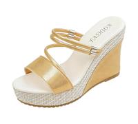 Women's Sandals Summer Thick Sole that Increase Height with Cut Out Design, Comfortable Women's Sandals Simen Shoes Women, Leisure Beach Shoes Orthopaedic Casual Flip Flops Slippers, gold, 8.5 UK