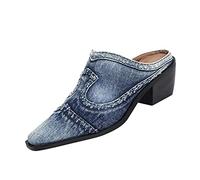Women's Sandals with Chunky Heel Closed Pointed Toe Pumps Sandals Denim Fabric Breathable Mules Lightweight Comfortable Slippers Fashion Elegant Bohemian Slippers, blue, 4.5 UK