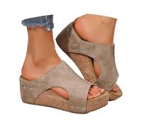 Women's Sandals with Cork Footbed Slippers Made of Leather Slippers Comfortable Adjustable Buckle Elegant Open Summer Shoes (Khaki, Adult, Women, 4.5, Numeric, UK Footwear Size System, Wide)