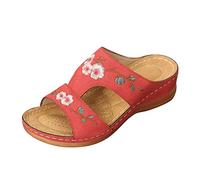Women's Sandals with Embroidery Clogs & Mules for Wedge Heel Wedge Sandals Boho Sandals Flowers Slippers Flat Sliders Colourful Sandals Waterproof Outdoor Sandals Non-Slip Women's Sandals, red, 6 UK