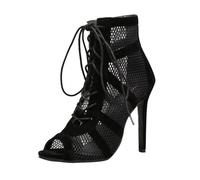 Women's Sandals with Heel - High Heels Sandals Sexy Pumps Peep Toe Open Ankle Boots Latin Standard Dance Shoes Mesh Evening Summer Dance Boots Bootie Performance Ballroom Lace-Up Shoes(9 UK) Black