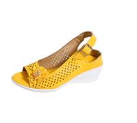 Women's Sandals with Heel - Hollow Slingback Pumps with Wedge Heel Comfortable Cut Out Sandals Small Heel Casual Summer Sandals Adjustable Buckles Heel Shoes with Flower Slides, yellow, 7 UK