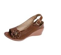 Women's Sandals with Heel - Hollow Slingback Pumps with Wedge Heel Comfortable Cut Out Sandals Small Heel Casual Summer Sandals Adjustable Buckles Heel Shoes with Flower Slides, brown, 2/2.5 UK