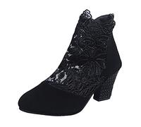 Women's sandals with heel sandals tulle lace pumps shoes block heel ankle boots round lace floral pattern mesh hollow summer boots zip leisure breathable shoe, black, 9