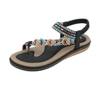 Women's Sandals with Heel, Summer, Comfortable, Elegant Sandals with Rhinestones, Beads, Bohemia, Beach Shoes, Leisure, Flat Sandals, Size 36-42, Open Fashionable Party Shoes, T-Strap Summer Shoes