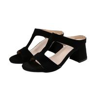 Women's Sandals with Heels, Nu-Feet, Open Toe Slip-On Suede Slip-On Peep Toe, Medium Block Heel, Side Cutouts, Wide Strap, Evening City Office, 01 Black, 3 UK