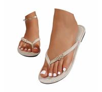 Women's Sandals with Rhinestones for Leisure Beach Stylish Flip Flops with Heart Design Flat Sole for Everyday Holiday Date, White, 10 UK