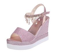 Women's Sandals with Wedge Heel Sandals Platform Sandals Women's Gold Beach Shoes Pearls Bridal Shoes Heel Shoes Wedge Heel Summer Open Wedge Sandals Wedges Ankle Strap, pink, 7 UK