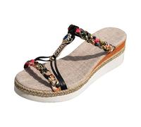 Womens Sandals Women's Sandals With Woven Strap Summer Platform Wedges Handmade Beaded Woven Random Pattern Lightweight Vacation (C, 4)
