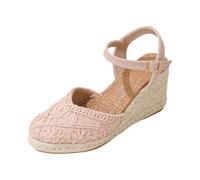 Women's Sandals Woven Edge Closed Toe Plain Front Hollow Floral Pattern Back Strap Ankle Strap Adjustable Buckle | Casual Espadrilles for Going Out Vacation, 01 Pink, 9.5 UK