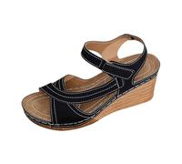 Womens Sandles Flat Sandals for Women Wedges Ladies Mid Heel Wedge Comfort Sandal with Glitzy Jewels and Elasticated Slingback Strap, Flexible Sole Strappy Sliders Espadrilles Platform Black Size 7