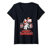 Womens Santa and Polar Bear Play Basketball Christmas Holiday Funny V-Neck T-Shirt