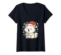 Womens Santa Cat Singing Carols V-Neck T-Shirt