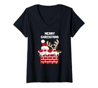 Womens Santa Claus and Reindeer Merry Christmas V-Neck T-Shirt