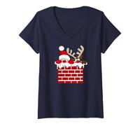 Womens Santa Claus and Reindeer Merry Christmas V-Neck T-Shirt
