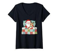 Womens Santa Claus and Reindeer Sleeping Christmas V-Neck T-Shirt