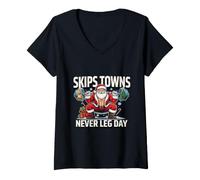 Women's Santa Claus Never Leg Day Christmas Squat Workout Humor V-Neck T-Shirt