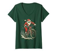 Womens Santa Claus Riding Mountain Bike Christmas Funny MTB Biker V-Neck T-Shirt