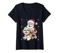 Womens Santa Claus Riding Shih Tzu Dog Christmas Matching PJs V-Neck T-Shirt