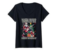 Womens Santa Claus Rocking Around the Christmas Tree, Merry Rockmas V-Neck T-Shirt