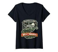 Womens Santa Comes to WV Shirt Sleigh West Cabin Mountains V-Neck T-Shirt