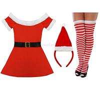 WOMENS SANTA COSTUME CHRISTMAS FANCY DRESS RED MISS SANTA DRESS WITH WHITE FAUX FUR + RED & WHITE STOCKINGS + MINI SANTA HAT ON HEADBAND UK 6-8