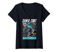 Womens Santa Cruz California Tee, Skeleton in Hat Old School Skater V-Neck T-Shirt
