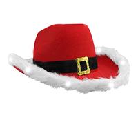 Women's Santa Hat - LED Flashing Feather Cowboy Santa Clause Hat for Christmas Party (White Light)