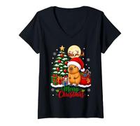 Women's Santa Hat Xmas Decor Merry Christmas Tree Capybara V-Neck T-Shirt