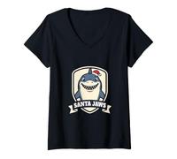 Women's Santa Jaws Funny Christmas Shark Pun Cute Xmas V-Neck T-Shirt
