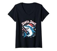 Womens Santa Jaws Funny Shark Christmas Holiday Pun V-Neck T-Shirt