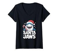 Womens Santa Jaws Funny Shark Christmas Pun Santa Hat Candy Cane V-Neck T-Shirt