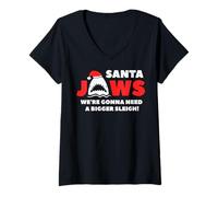 Womens Santa Jaws Need A Bigger Sleigh Funny Shark Christmas V-Neck T-Shirt