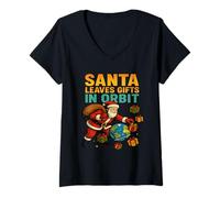 Womens Santa Leaves Gifts in Orbit Funny Xmas Space V-Neck T-Shirt