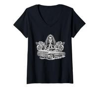Womens Santa Muerte Mexican Floral Saint Death V-Neck T-Shirt