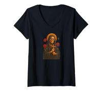 Womens Santa Muerte Mexican Folk Saint Realistic Skull Portrait Art V-Neck T-Shirt
