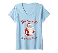 Womens Santa Needs a Latte First Christmas Coffee Lover Holiday V-Neck T-Shirt