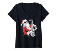 Womens Santa Playing Saxophone Jazz Funny Xmas Saxophonist Santa V-Neck T-Shirt
